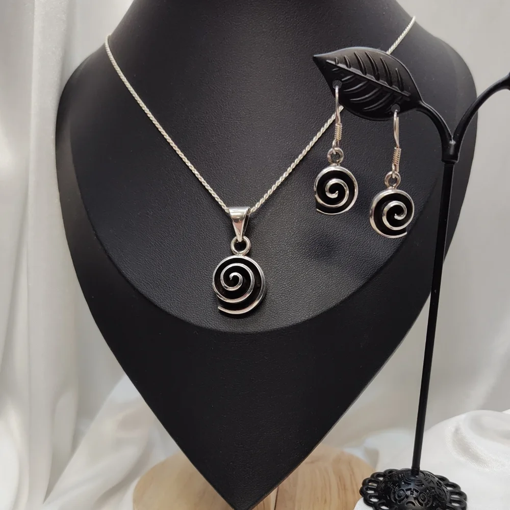 Vintage Mexico Sterling Silver Modernist Spiral Pendant Necklace Earring Set 20" - Picture 15 of 15